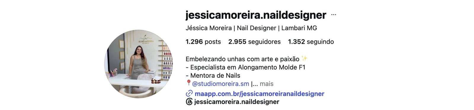 Perfil profissional de Jéssica Moreira no Instagram